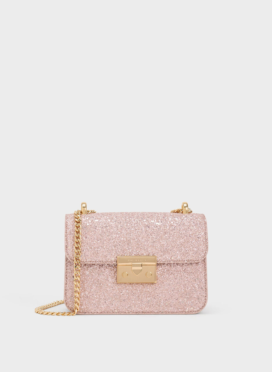 Glittered Push-Lock Chain-Handle Bag - Blush