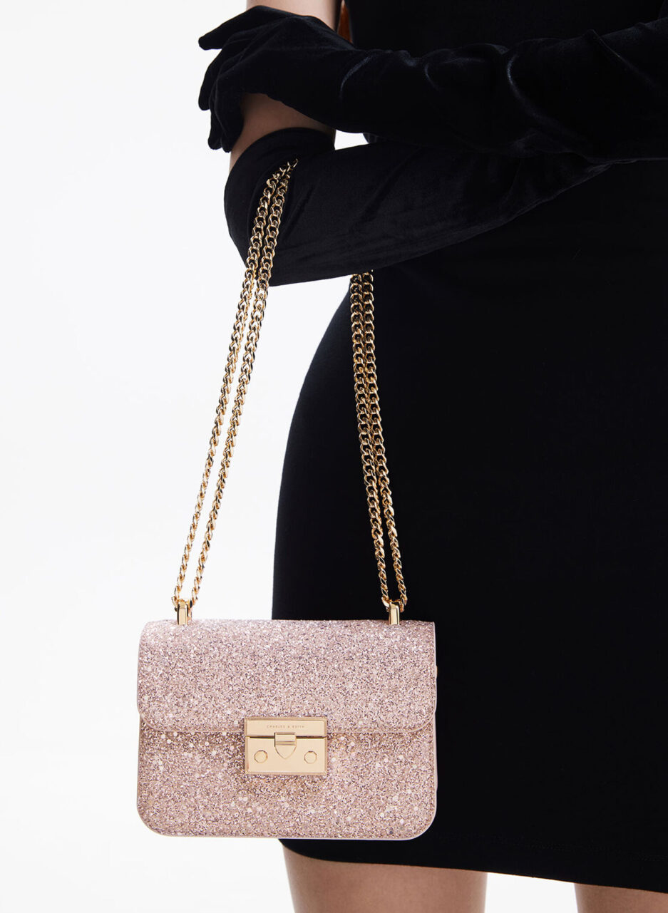 Glittered Push-Lock Chain-Handle Bag - Blush - 图片 2