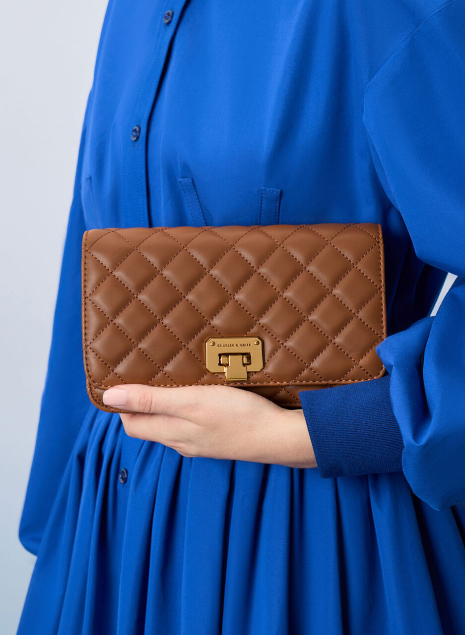Quilted Push-Lock Clutch - Chocolate - 图片 3