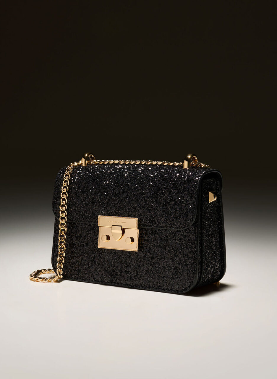 Glittered Push-Lock Chain-Handle Bag - Black - 图片 3